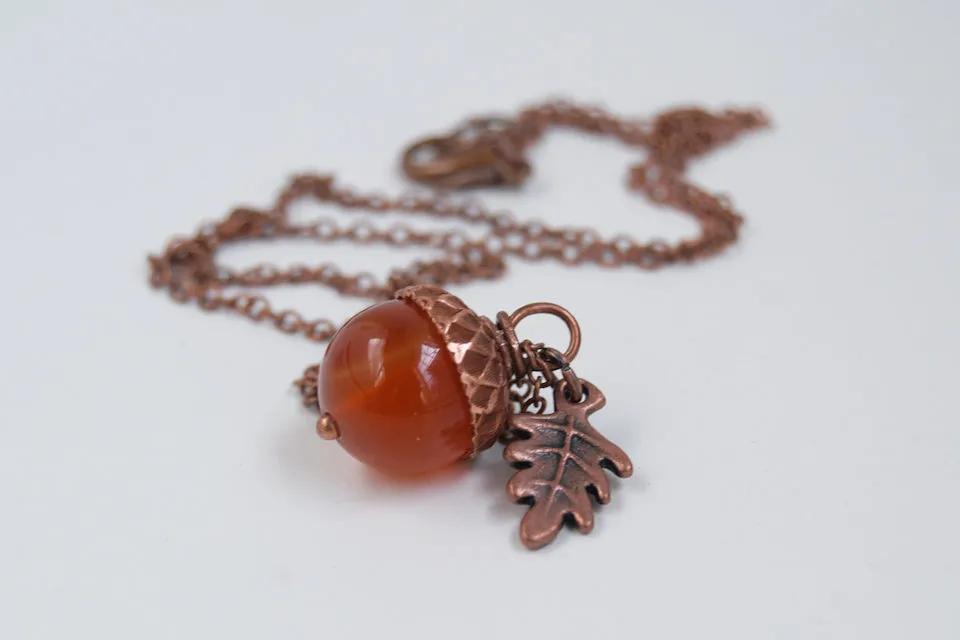 Carnelian and Copper Acorn Necklace | Gemstone Acorn Charm Necklace | Cute Autumn Necklace | Nature Jewelry