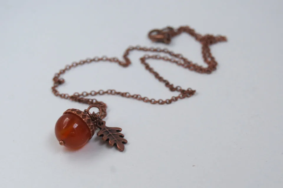 Carnelian and Copper Acorn Necklace | Gemstone Acorn Charm Necklace | Cute Autumn Necklace | Nature Jewelry