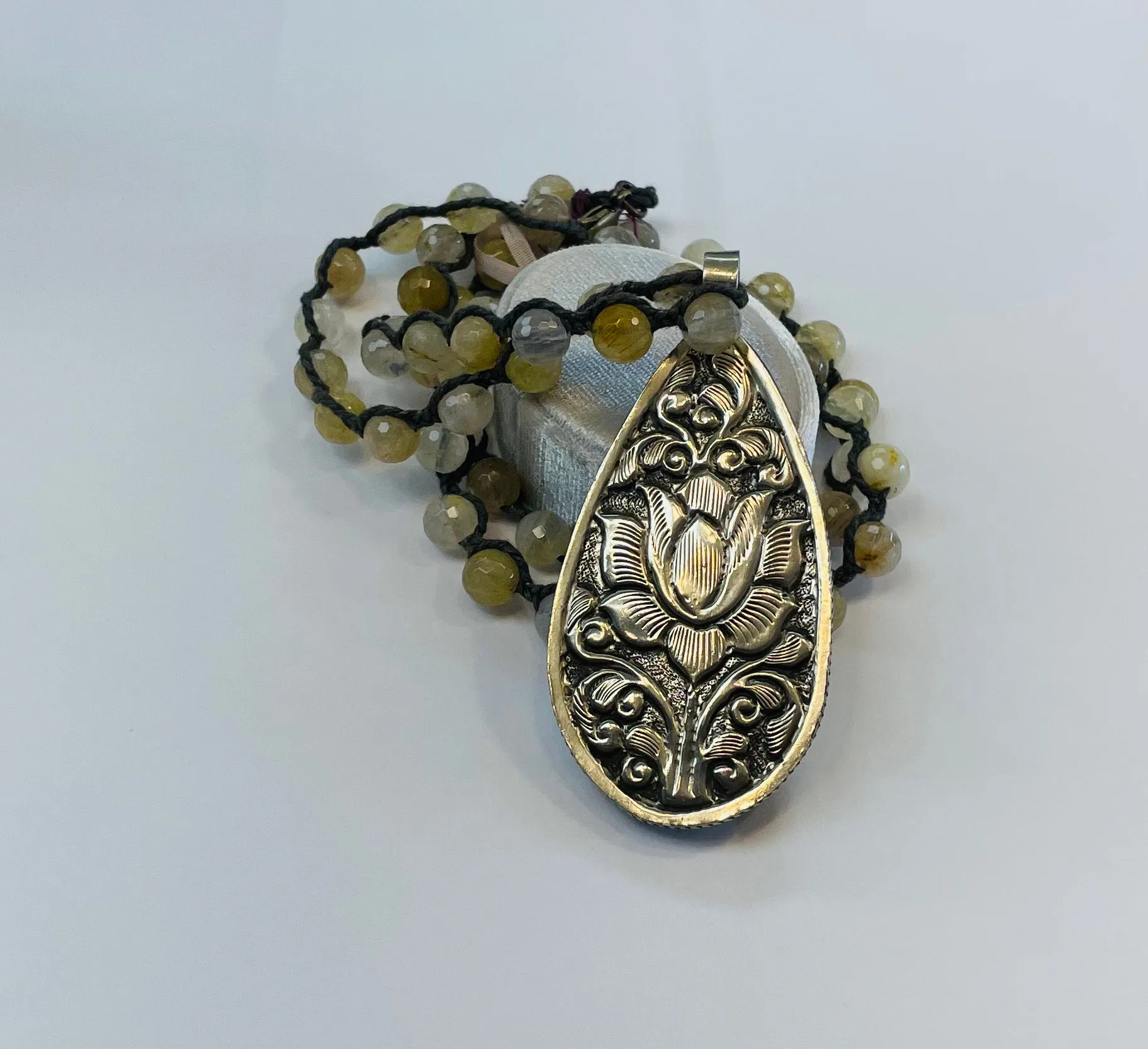 Carved Bone Flower Filligree  Necklace in Ornate Silver Casing with Citrine Bead Chain