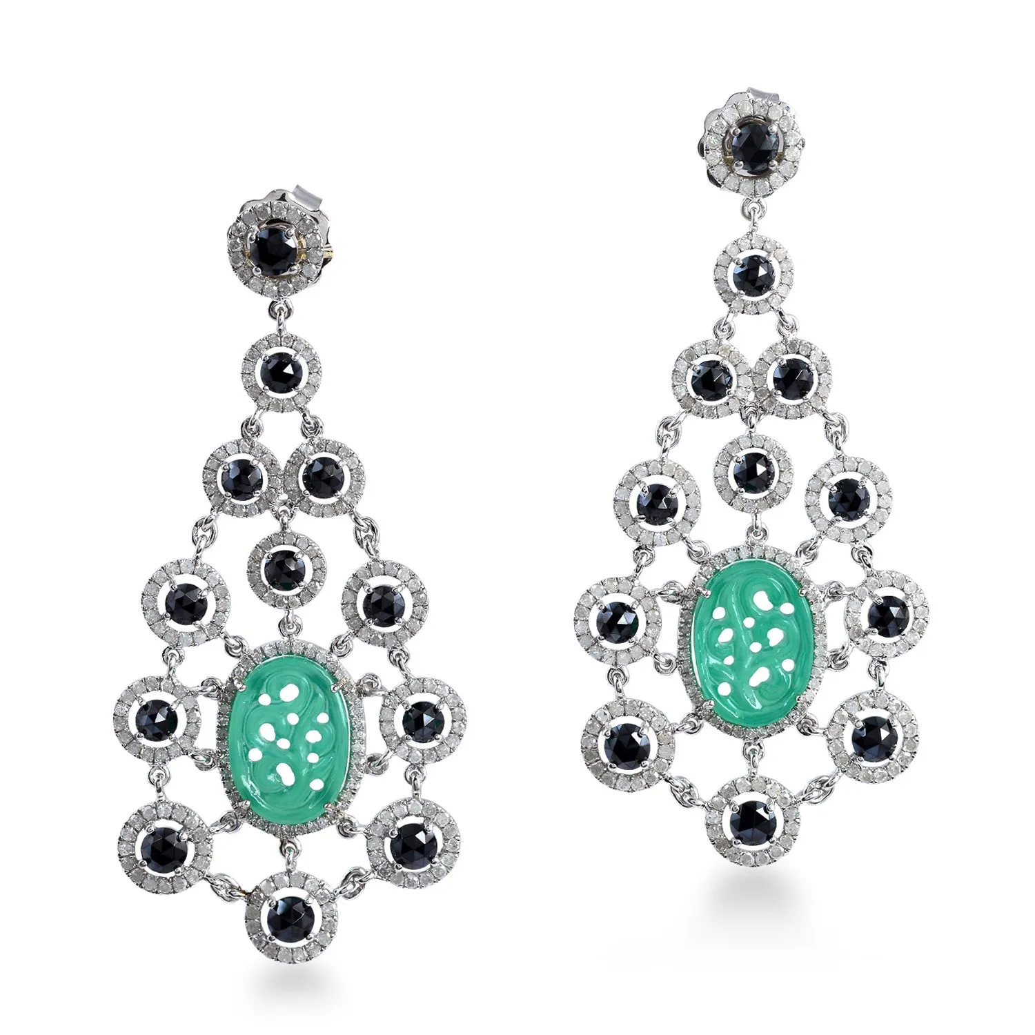 Carved Onyx Round Spinel Pave Diamond Chandelier Earrings In White Gold 925 Silver