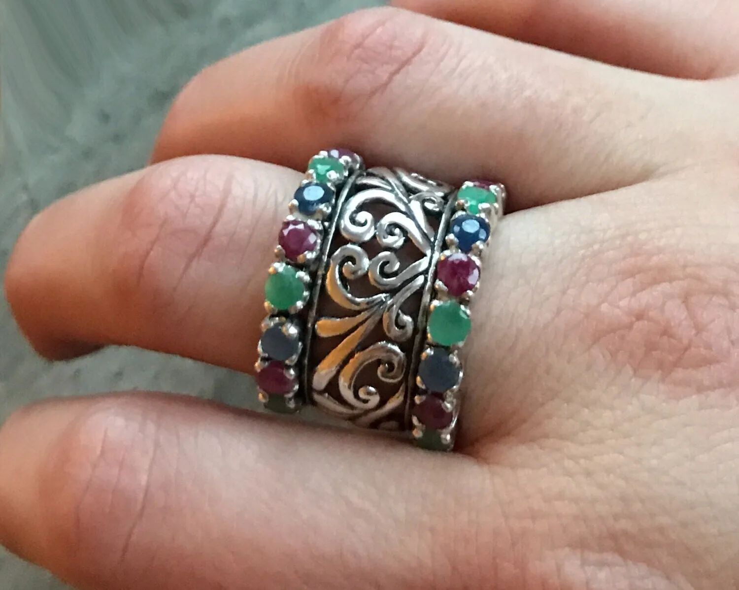 Celtic Wide Band - Multistone Statement Ring - Natural Gemstone Ring