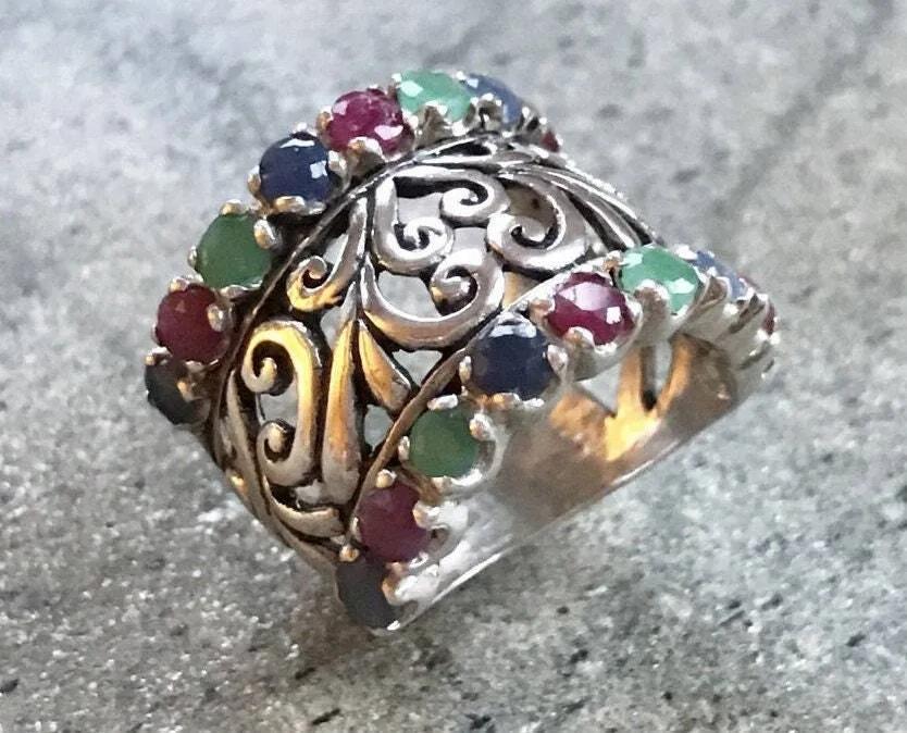 Celtic Wide Band - Multistone Statement Ring - Natural Gemstone Ring