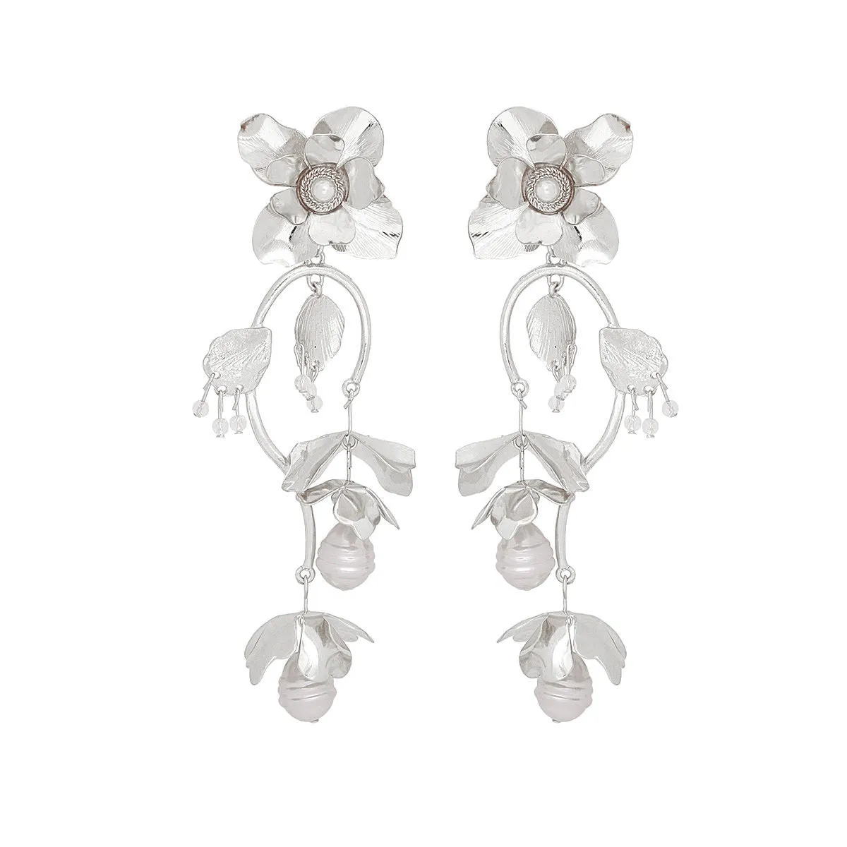 Chandelier Silver Flower Pearl Dangle Earrings