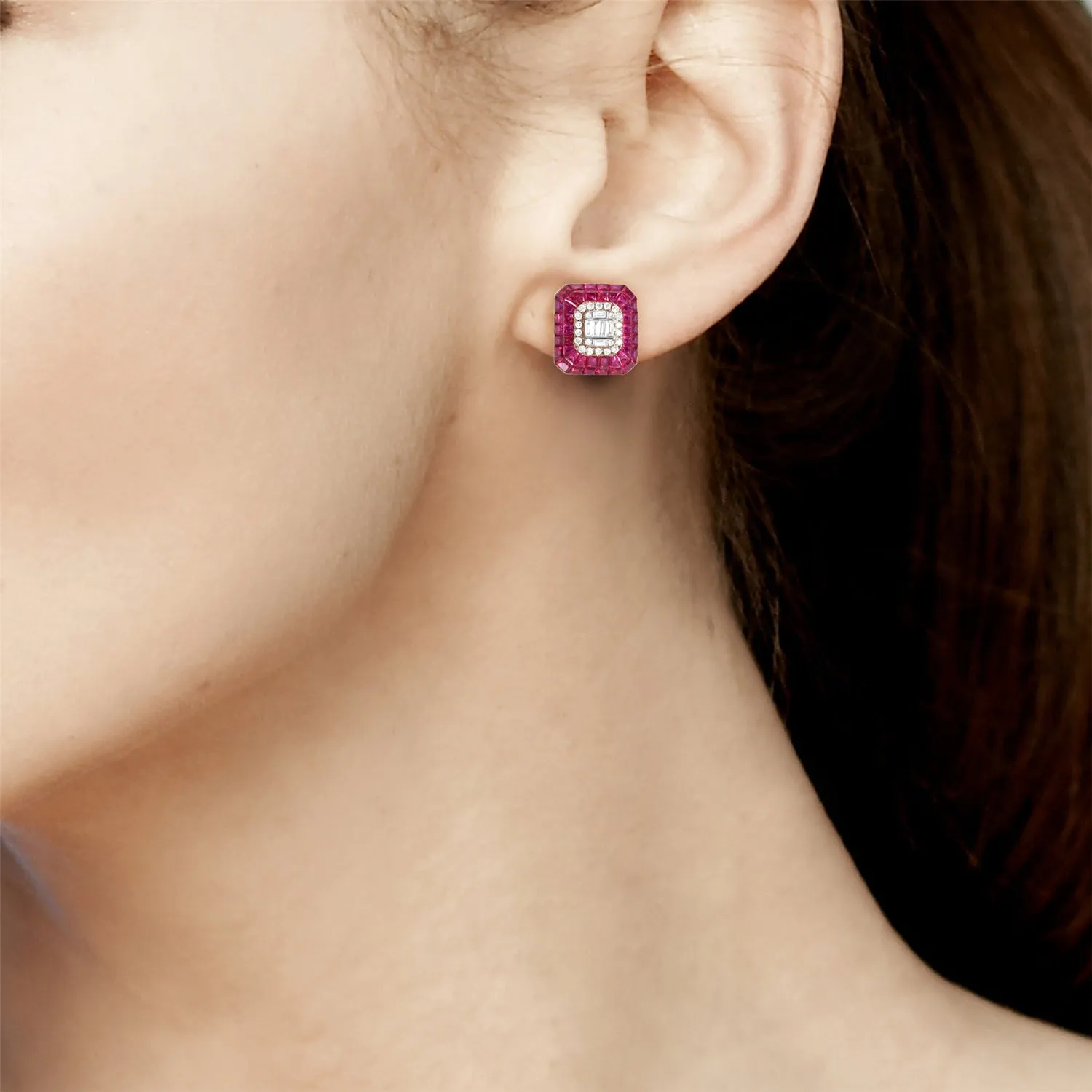 Channel Set Ruby Diamond Octagon Stud Earrings in Rose Gold