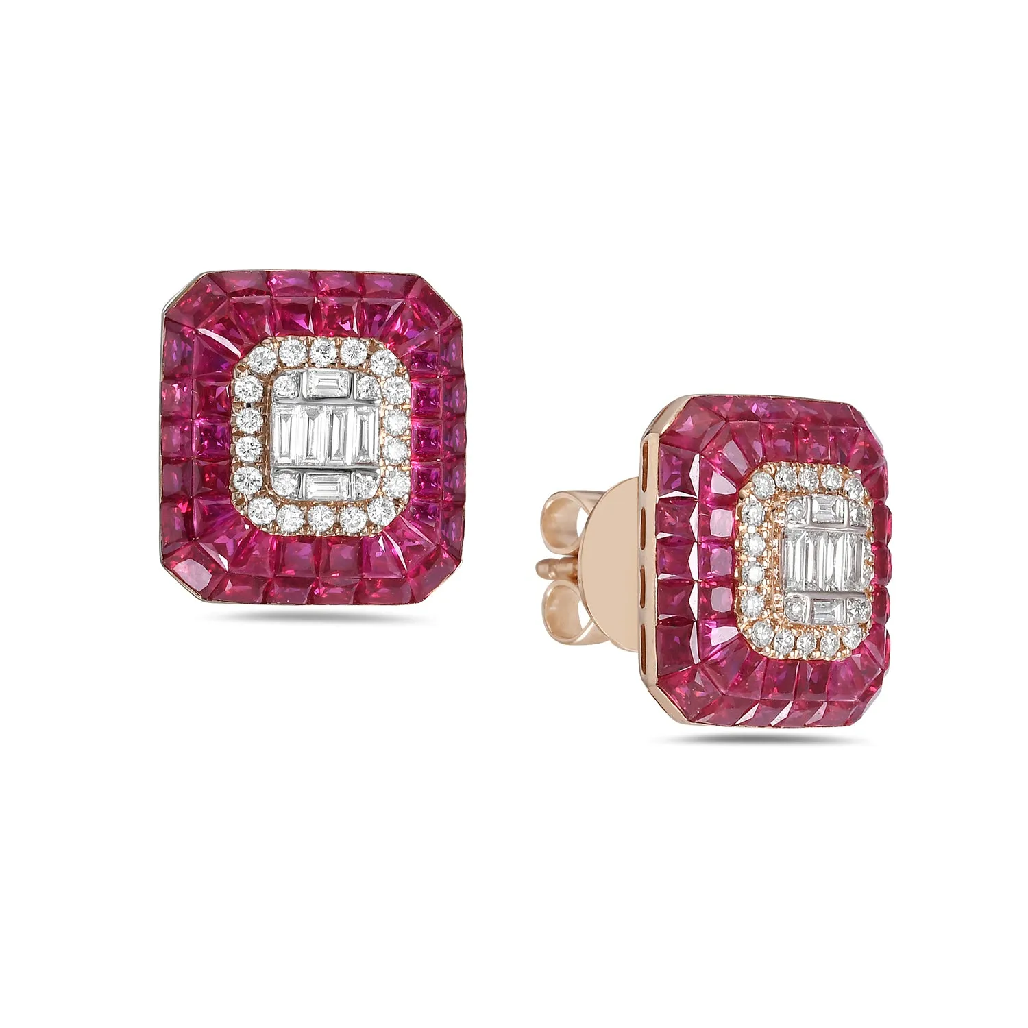 Channel Set Ruby Diamond Octagon Stud Earrings in Rose Gold