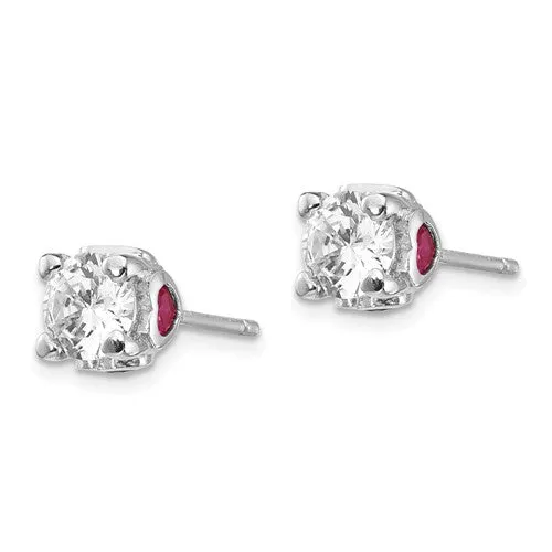 Cheryl M Sterling Silver 6mm Round CZ & Created Ruby Heart Post Earrings