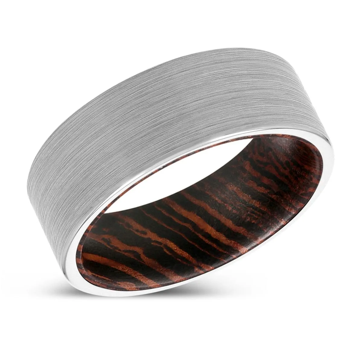 CHRISTOS | Wenge Wood, White Tungsten Ring, Brushed, Flat