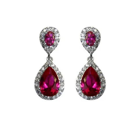 Classic Drop Design With 2 Center Ruby Color CZ Brass Earrings