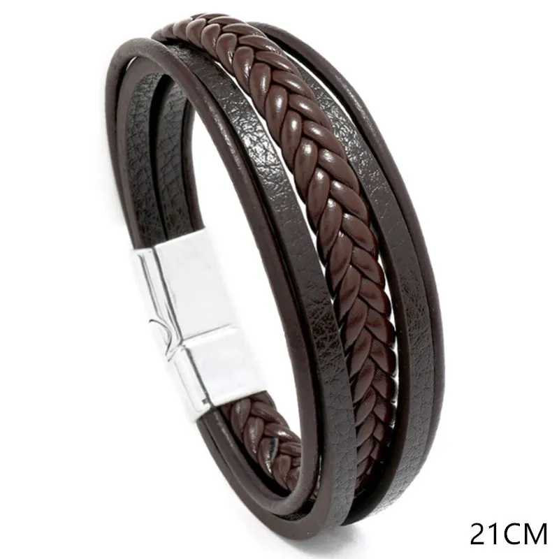 Classic Fashion Design Titanium Steel Cross Genuine Leather Bracelet for Men's Stainless Steel Magnet Buckle Charm Bracelet Gift