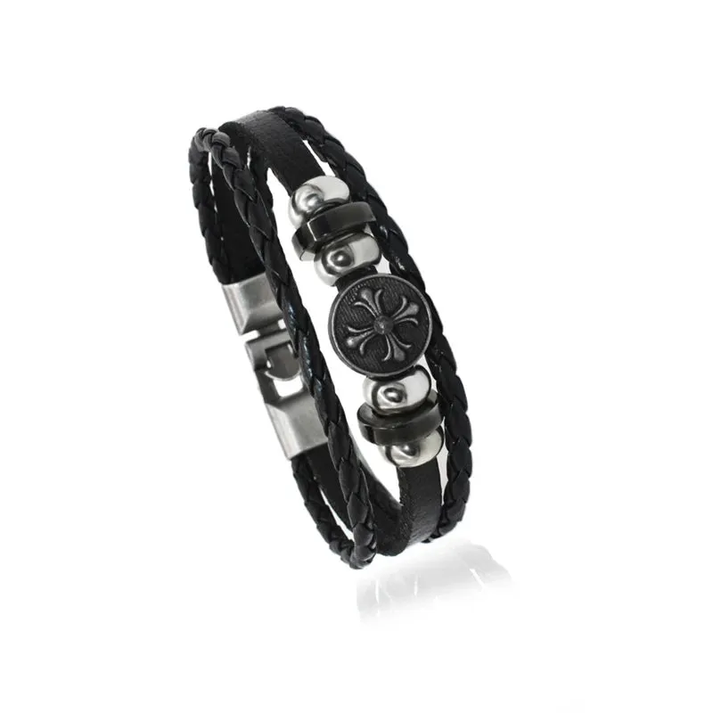 Classic Fashion Design Titanium Steel Cross Genuine Leather Bracelet for Men's Stainless Steel Magnet Buckle Charm Bracelet Gift