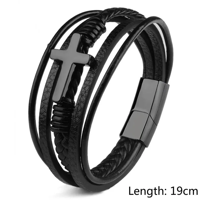 Classic Fashion Design Titanium Steel Cross Genuine Leather Bracelet for Men's Stainless Steel Magnet Buckle Charm Bracelet Gift