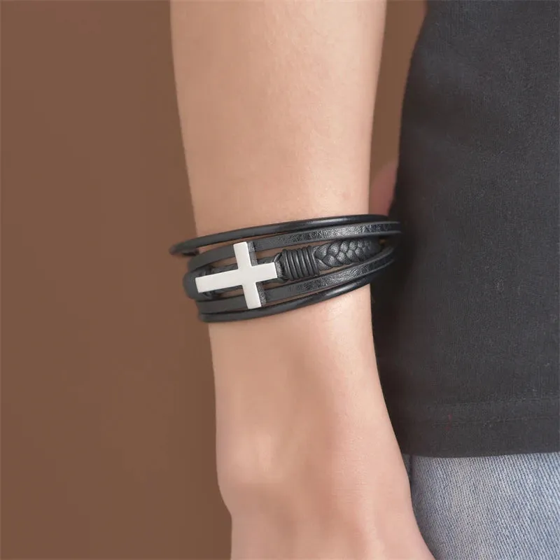 Classic Fashion Design Titanium Steel Cross Genuine Leather Bracelet for Men's Stainless Steel Magnet Buckle Charm Bracelet Gift