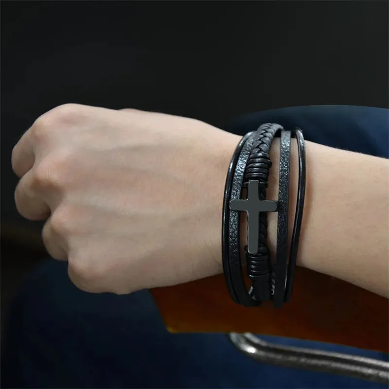 Classic Fashion Design Titanium Steel Cross Genuine Leather Bracelet for Men's Stainless Steel Magnet Buckle Charm Bracelet Gift