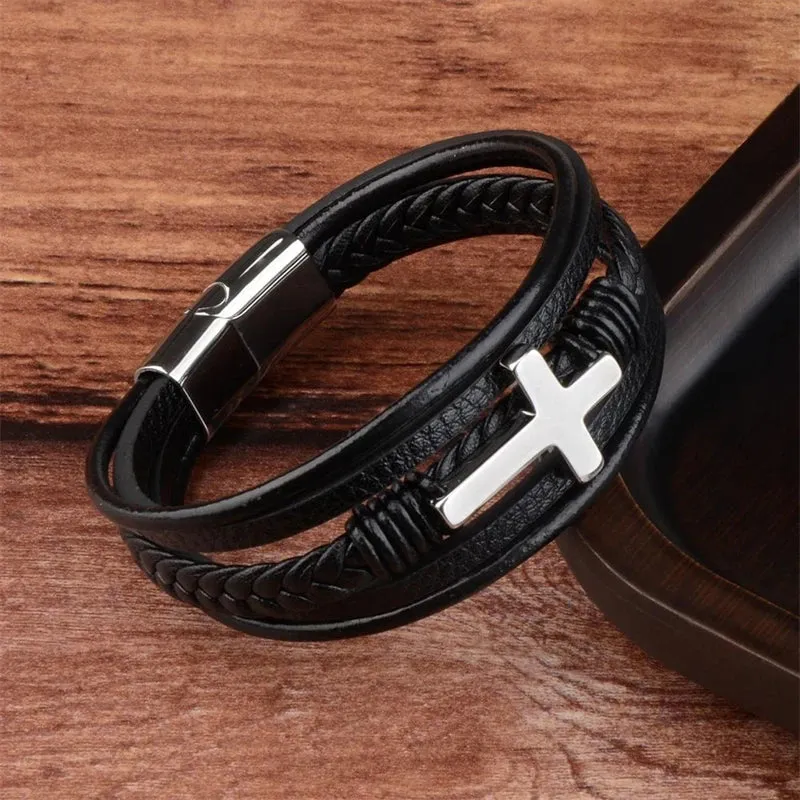 Classic Fashion Design Titanium Steel Cross Genuine Leather Bracelet for Men's Stainless Steel Magnet Buckle Charm Bracelet Gift