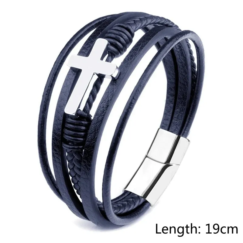 Classic Fashion Design Titanium Steel Cross Genuine Leather Bracelet for Men's Stainless Steel Magnet Buckle Charm Bracelet Gift