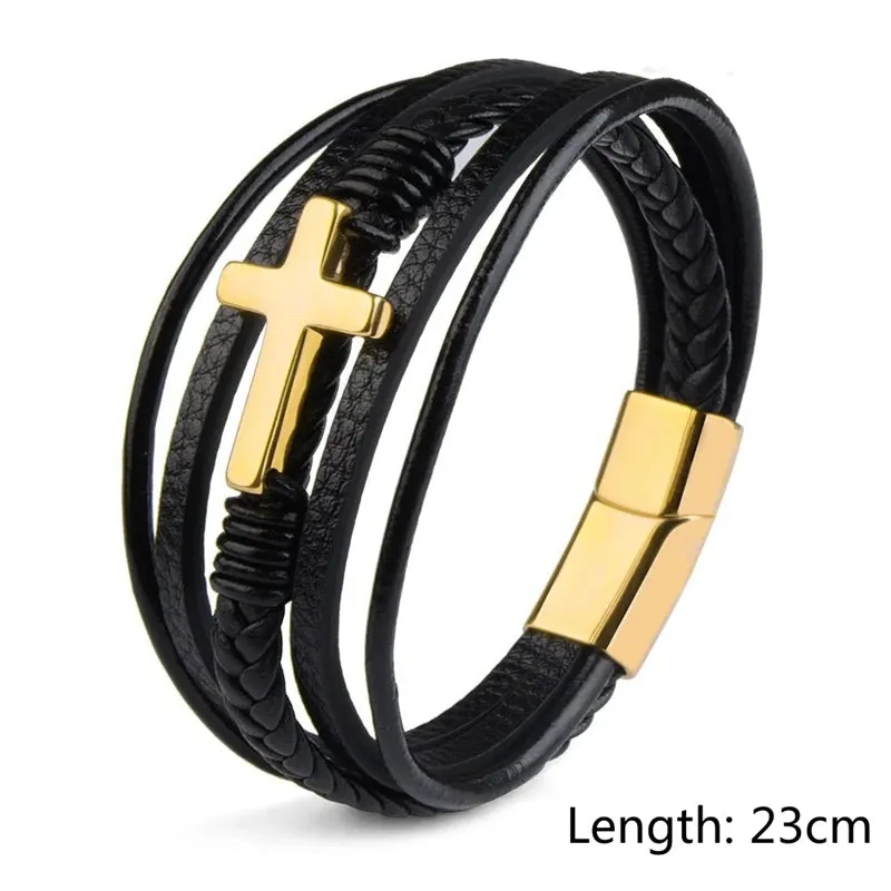 Classic Fashion Design Titanium Steel Cross Genuine Leather Bracelet for Men's Stainless Steel Magnet Buckle Charm Bracelet Gift