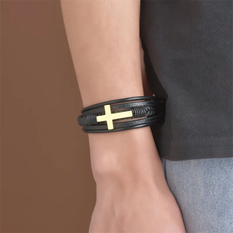 Classic Fashion Design Titanium Steel Cross Genuine Leather Bracelet for Men's Stainless Steel Magnet Buckle Charm Bracelet Gift