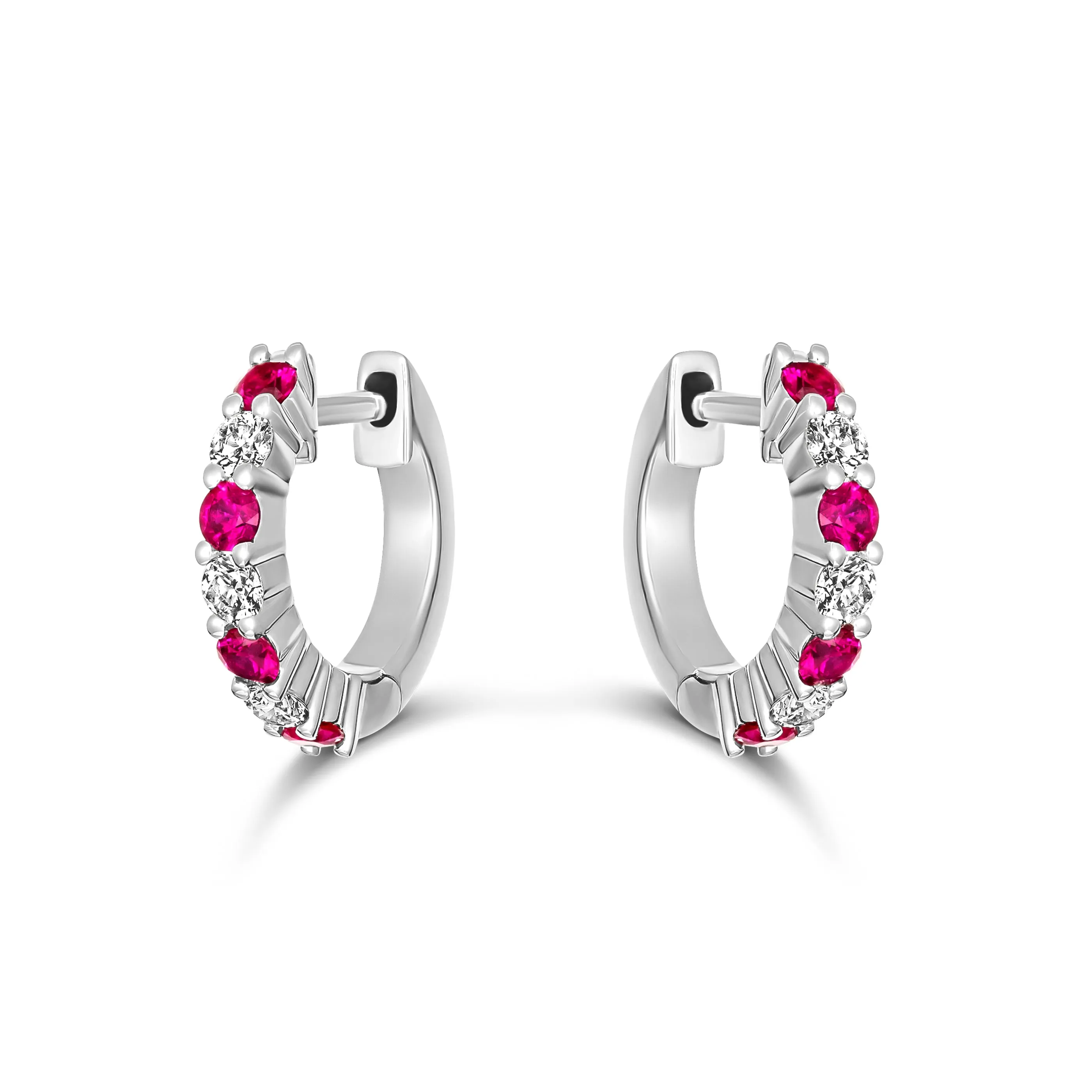 Classic Ruby and Diamond Small Huggies | 18K White Gold