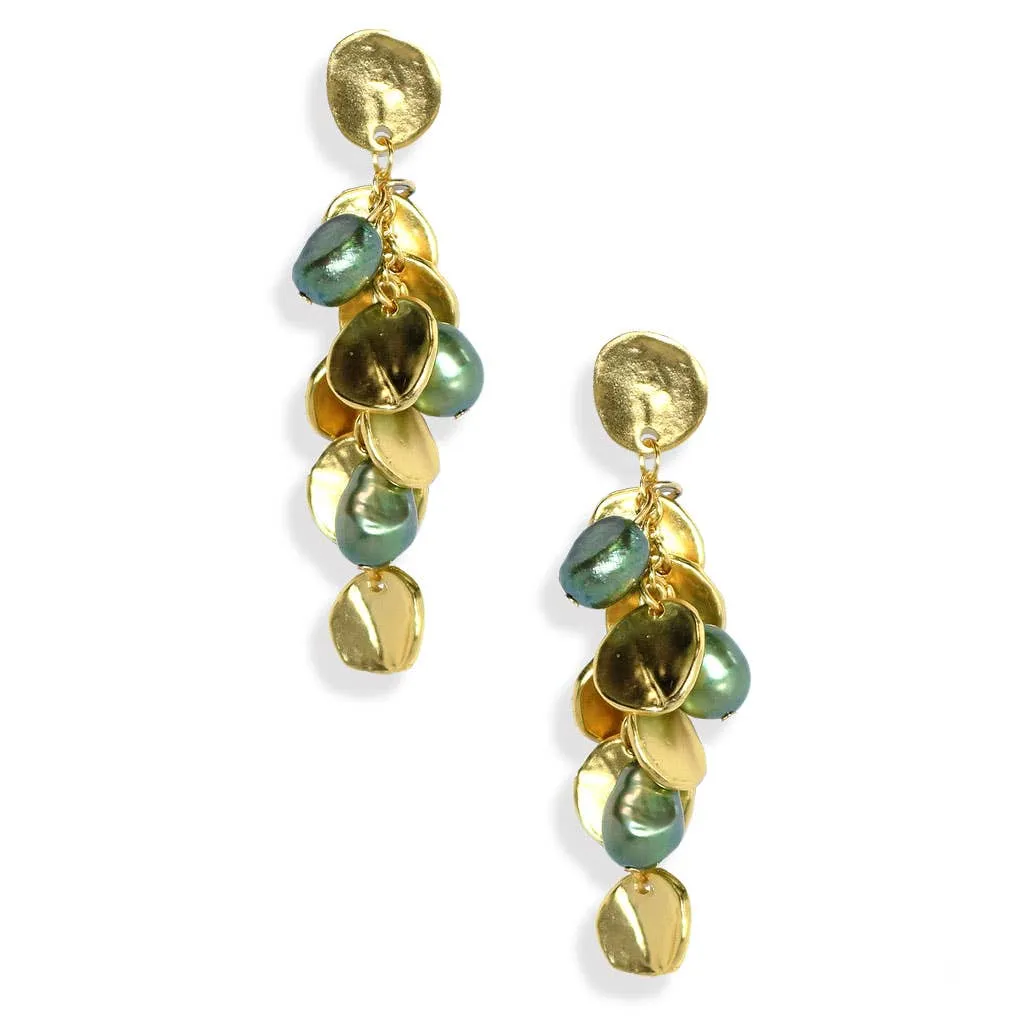 Coin and green pearl chandelier drop earring