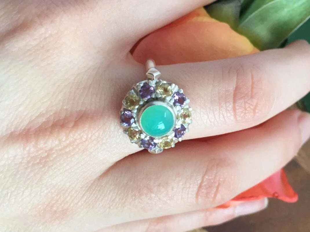 Colorful Flower Ring - Chrysoprase Ring - Victorian Multistone Ring