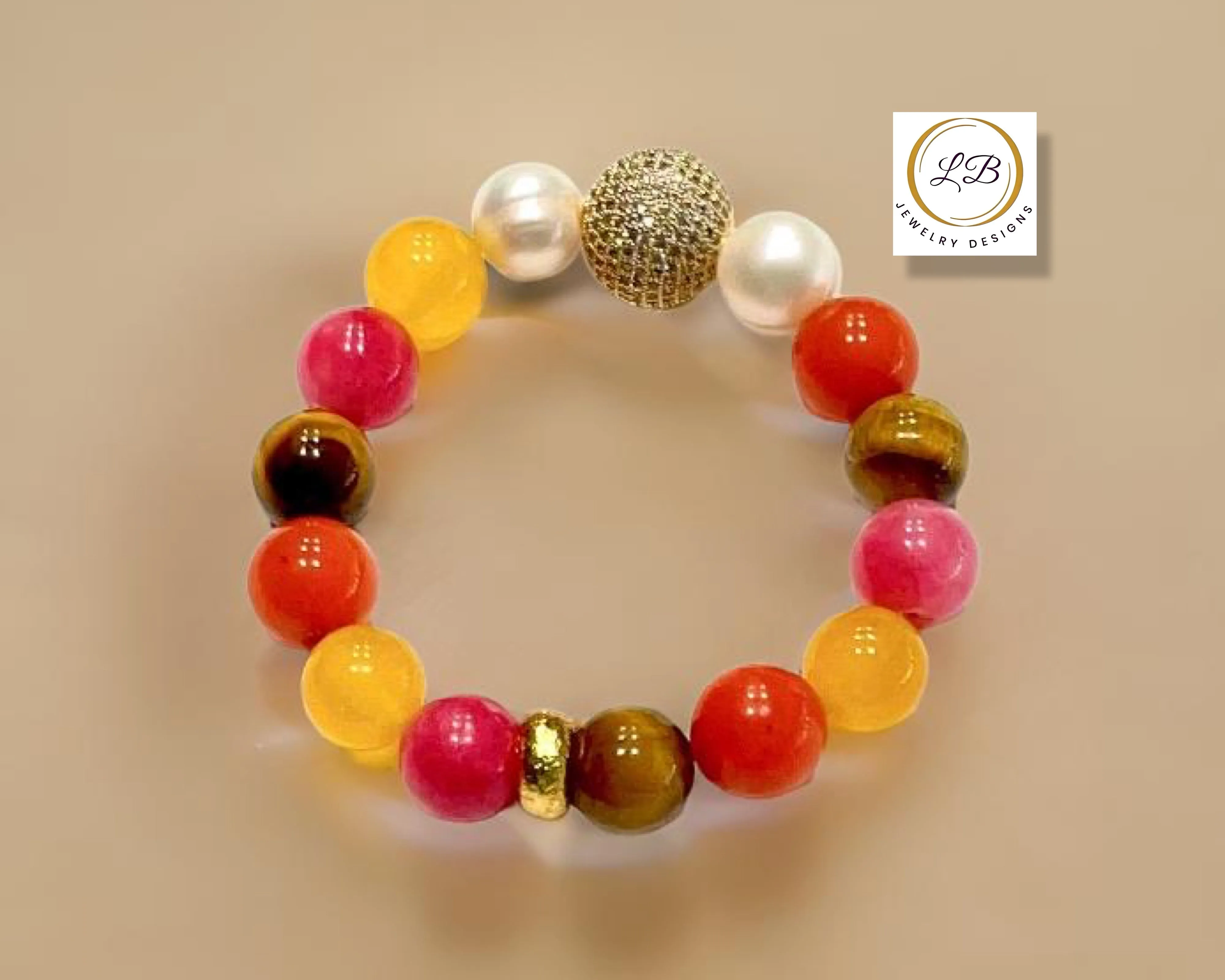 Colorful Tiger's Eye, Quartz, Rhodochrosite & Pearl Gemstone Beaded Bracelet