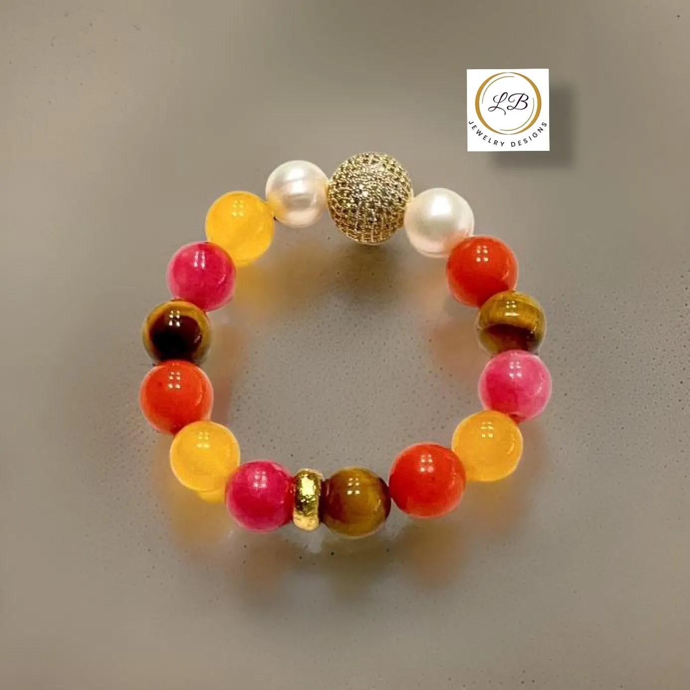 Colorful Tiger's Eye, Quartz, Rhodochrosite & Pearl Gemstone Beaded Bracelet