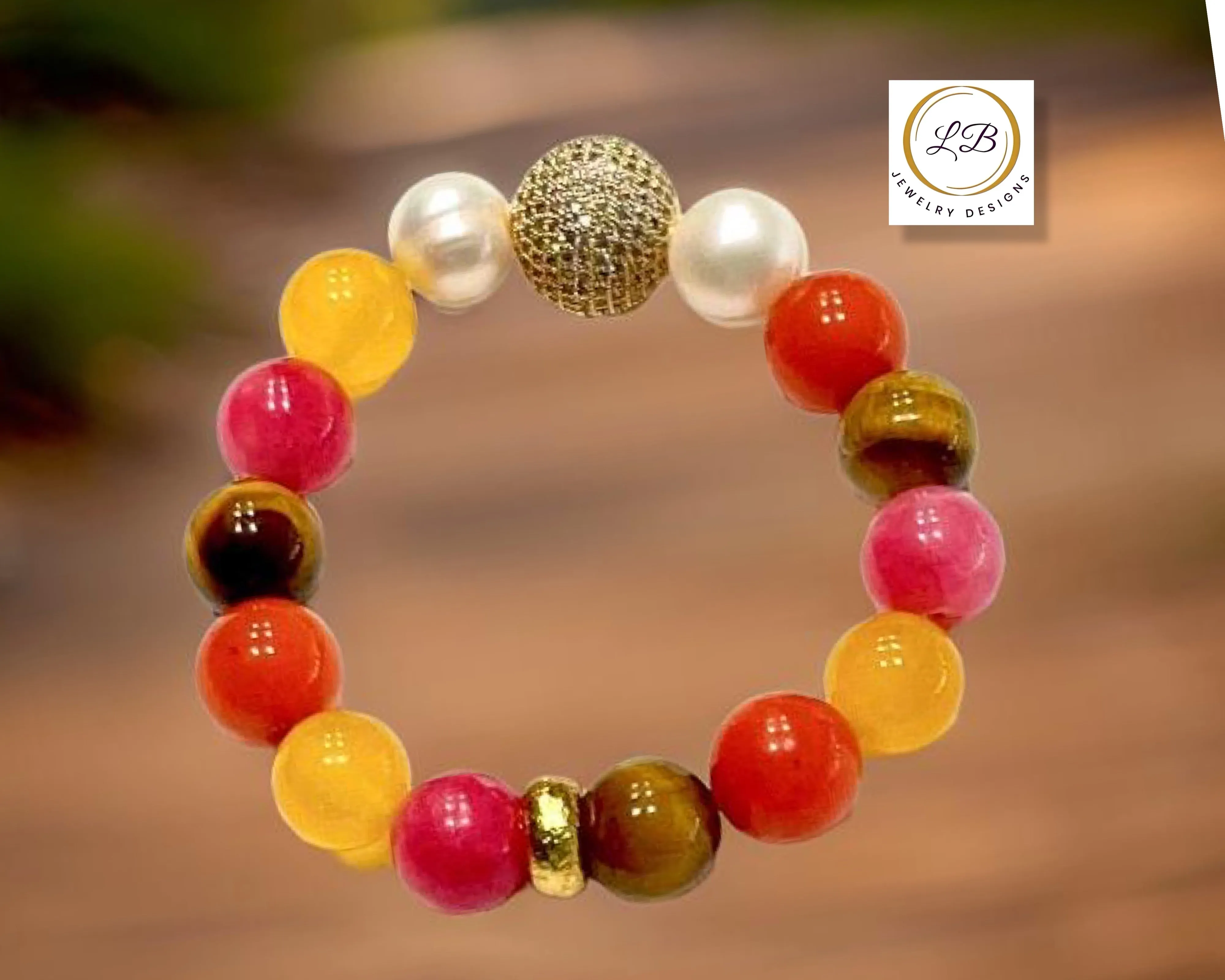 Colorful Tiger's Eye, Quartz, Rhodochrosite & Pearl Gemstone Beaded Bracelet