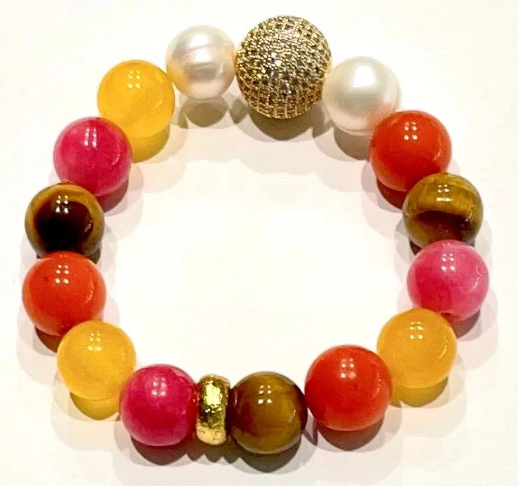 Colorful Tiger's Eye, Quartz, Rhodochrosite & Pearl Gemstone Beaded Bracelet