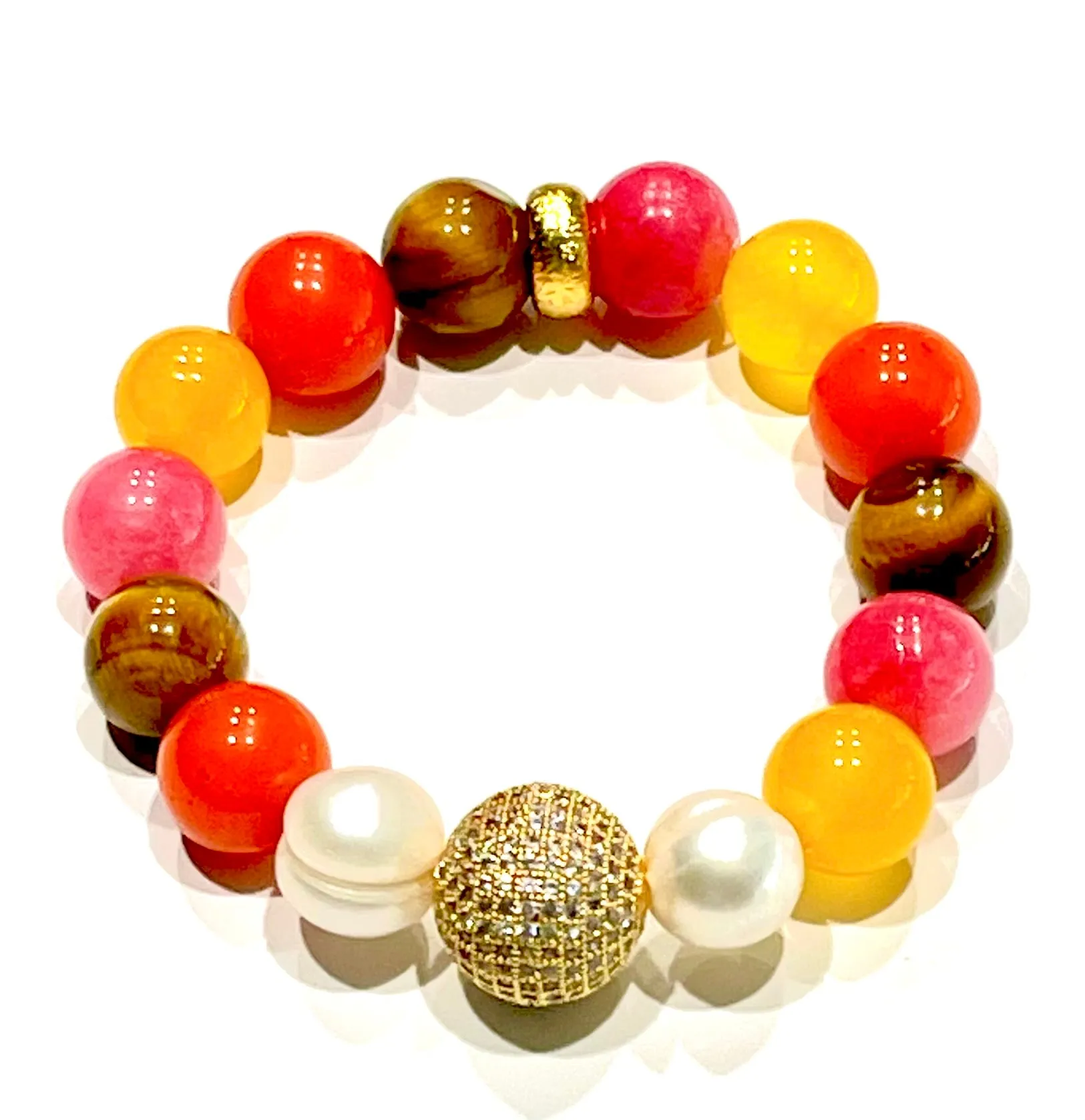 Colorful Tiger's Eye, Quartz, Rhodochrosite & Pearl Gemstone Beaded Bracelet