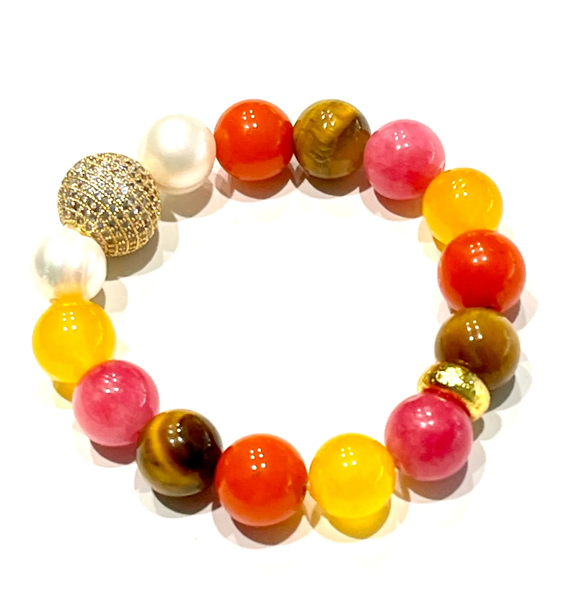 Colorful Tiger's Eye, Quartz, Rhodochrosite & Pearl Gemstone Beaded Bracelet