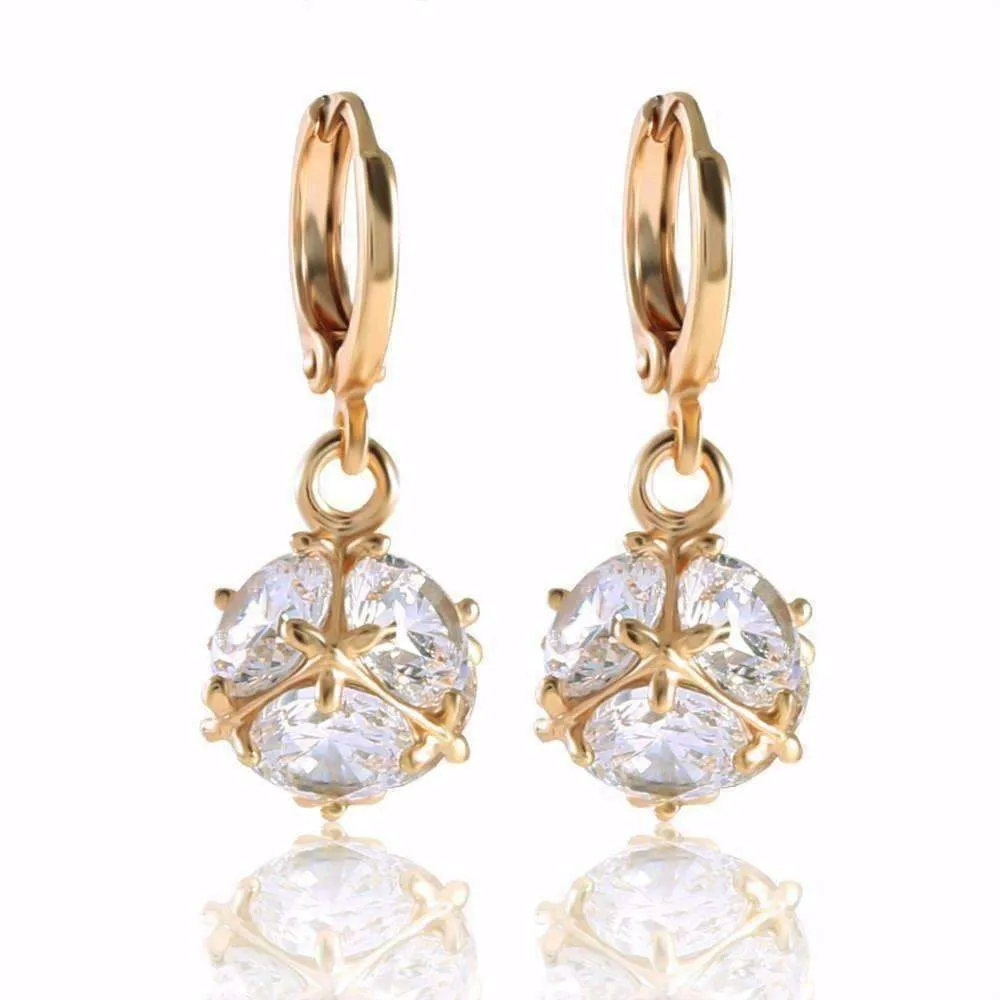 Crystal Cube Dangling Charm 14K Gold Plated Earrings for Woman Special Occasions Bridal and Prom Accessory