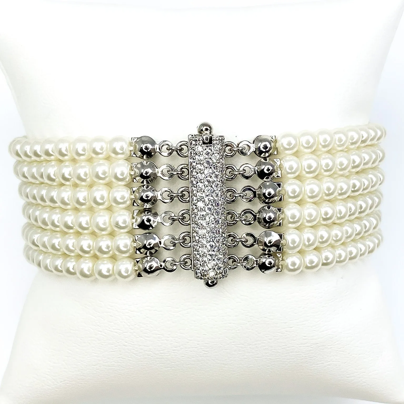 Dana Vintage 5 Row Pearl CZ Silver Bracelet – 7.5in