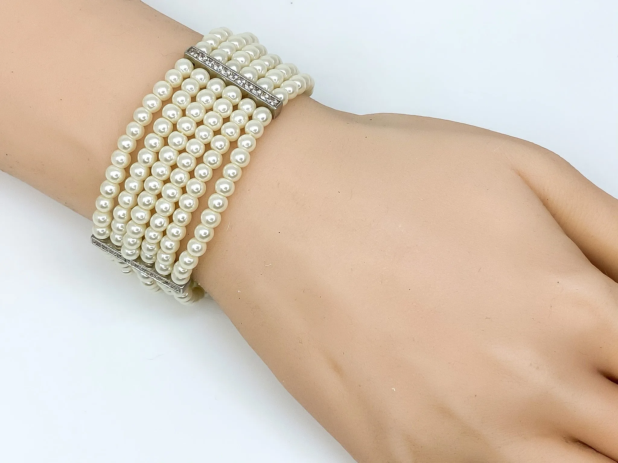 Dana Vintage 5 Row Pearl CZ Silver Bracelet – 7.5in