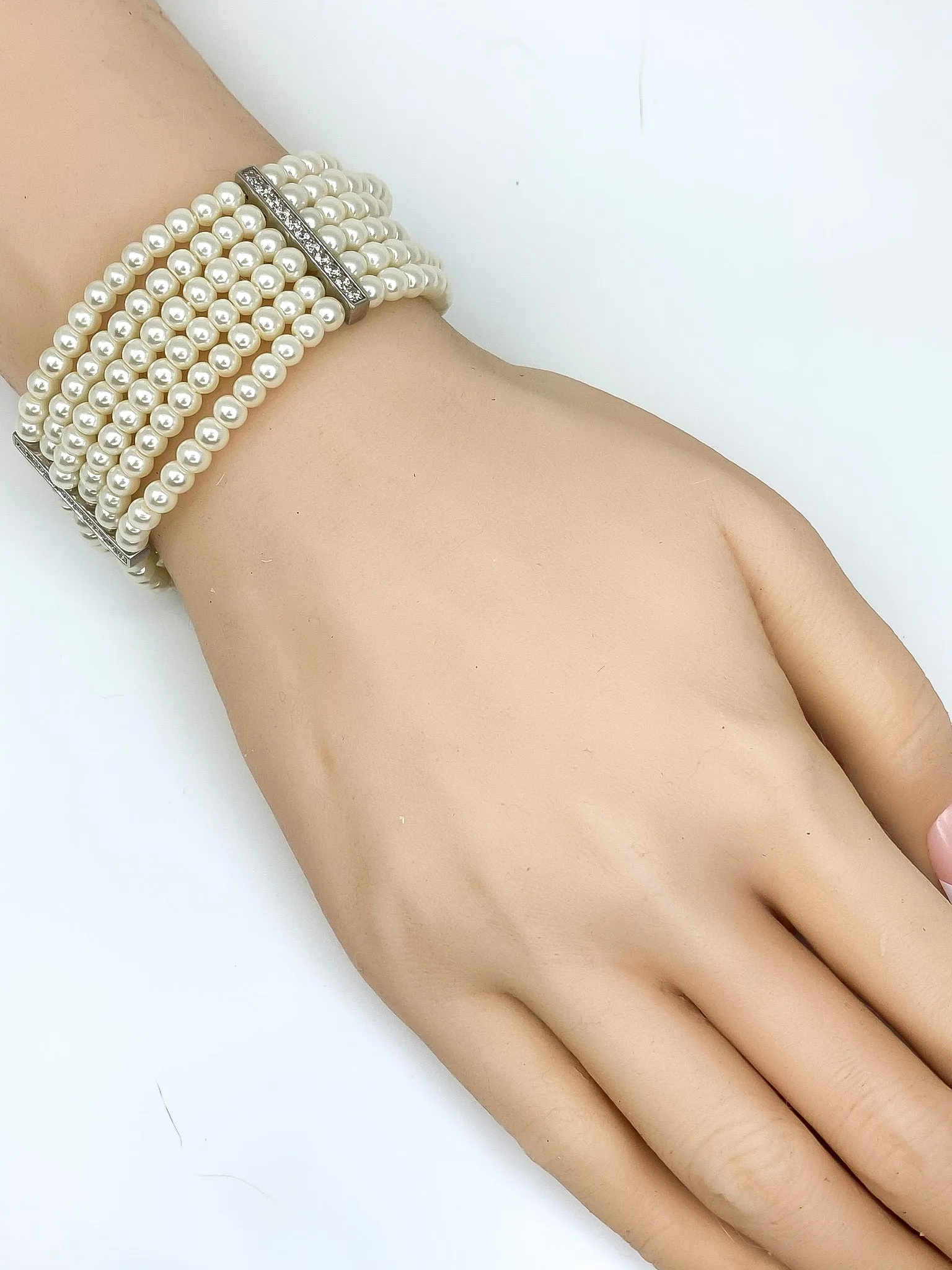 Dana Vintage 5 Row Pearl CZ Silver Bracelet – 7.5in