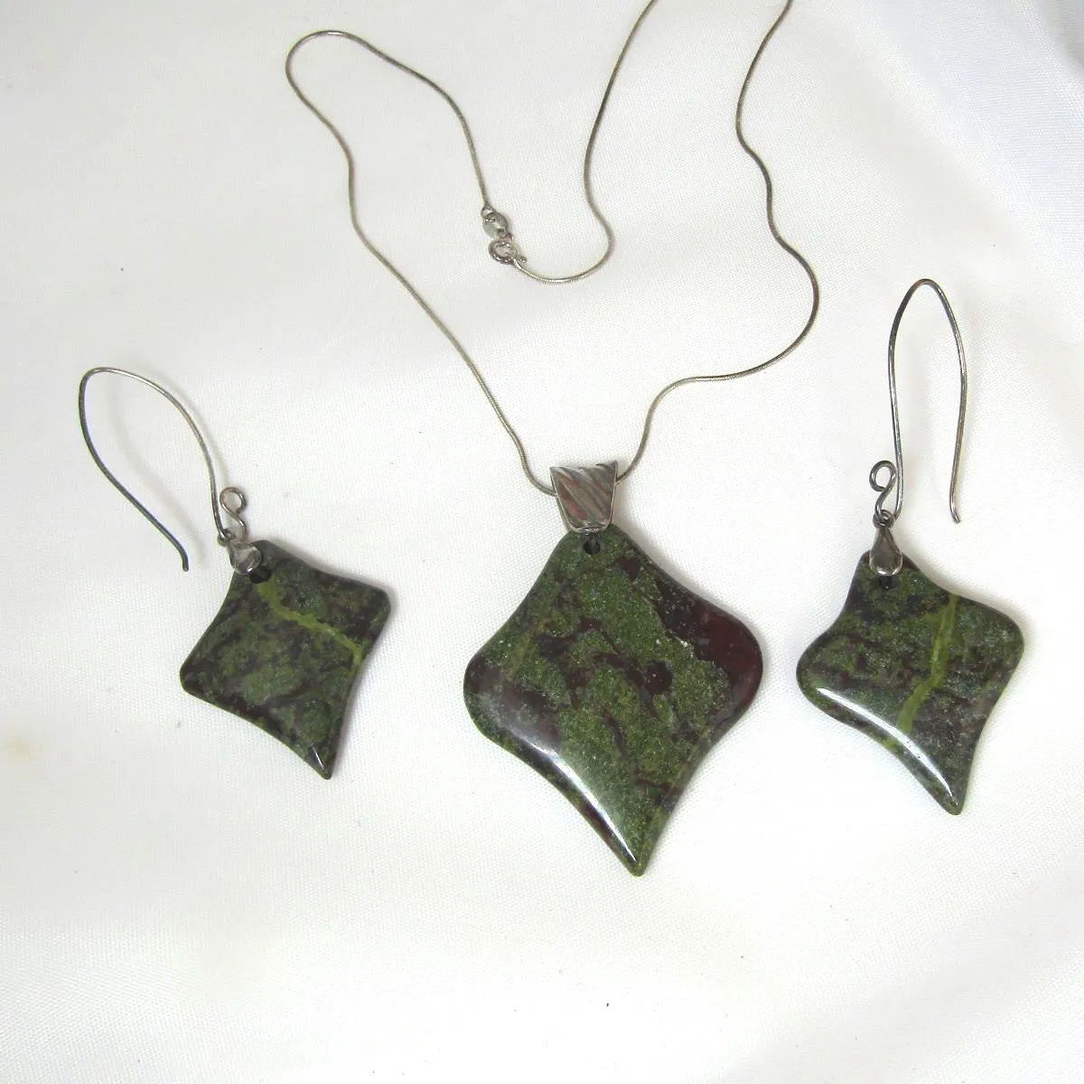 Dark Green Gemstone Pendant Necklace & Earrings Dragon Blood Jasper