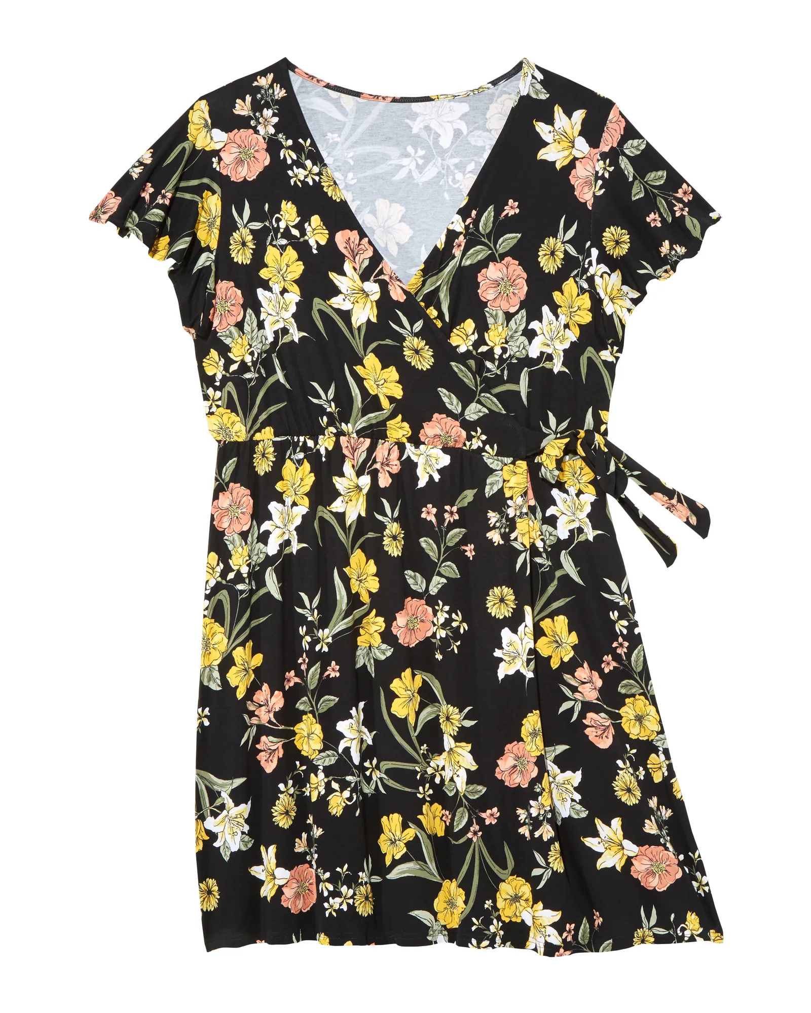 Denton Flutter Sleeve Faux-Wrap Dress | Black / Yellow