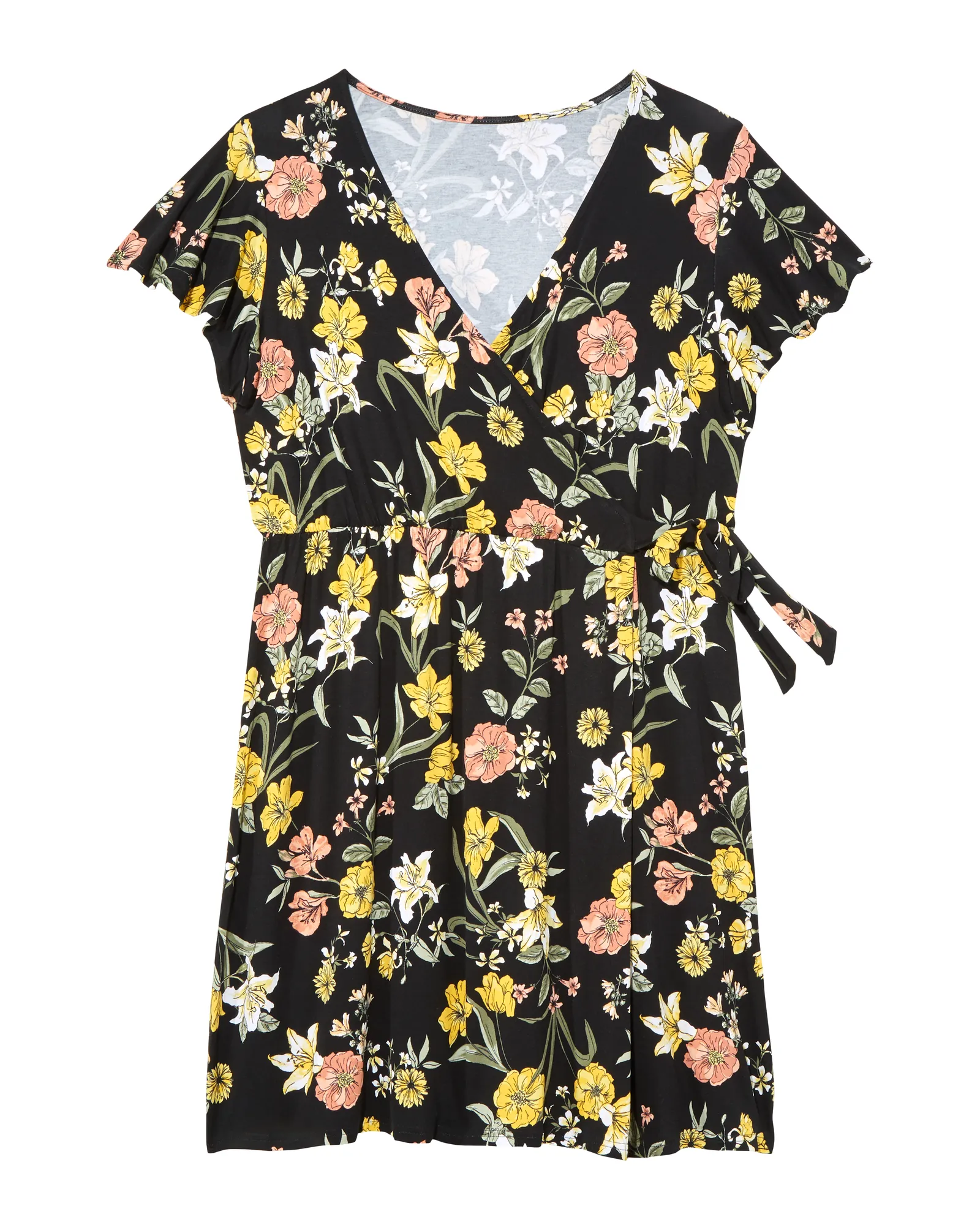 Denton Flutter Sleeve Faux-Wrap Dress | Black / Yellow