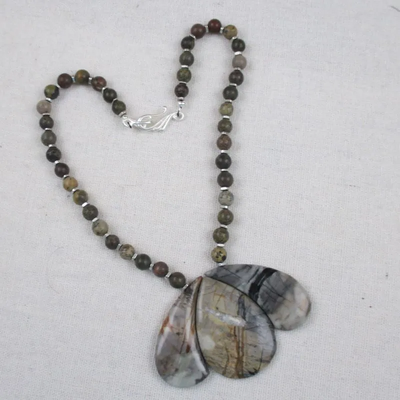 Designer Jasper Gemstone Grey Brown Bib Necklace