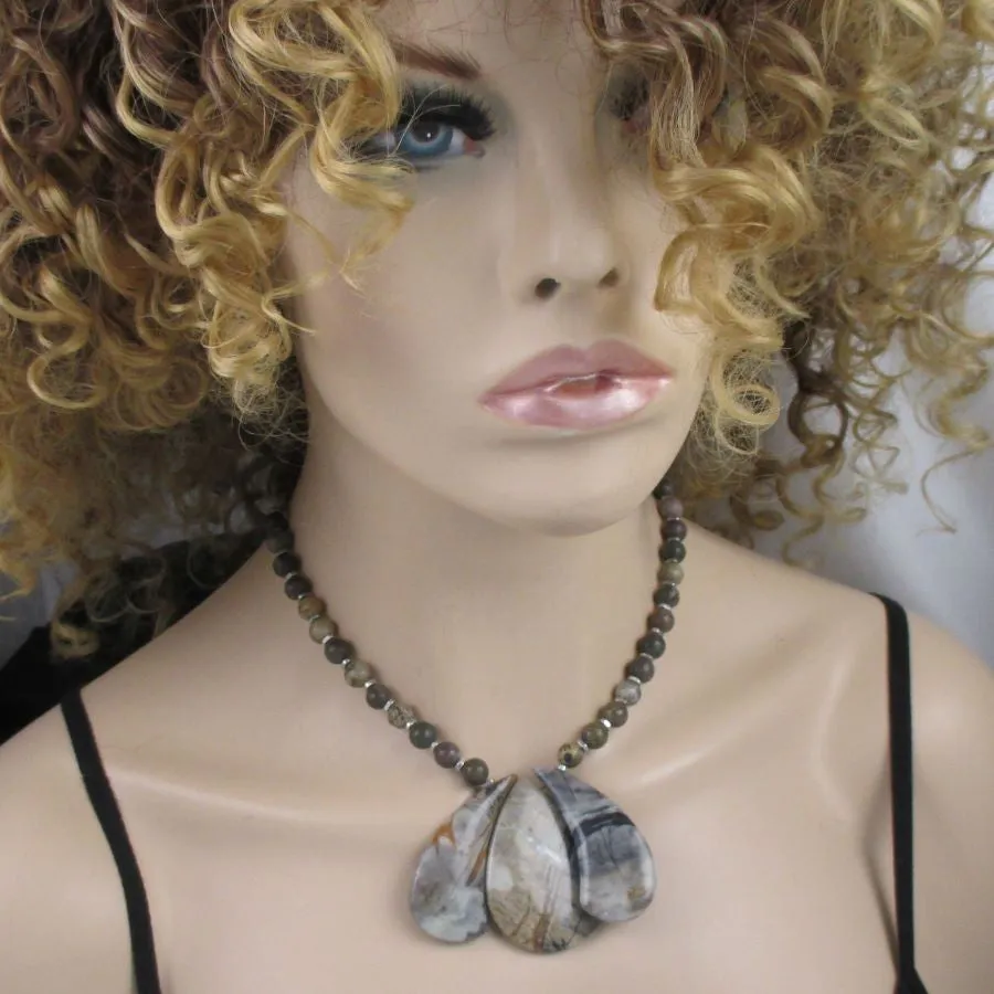 Designer Jasper Gemstone Grey Brown Bib Necklace