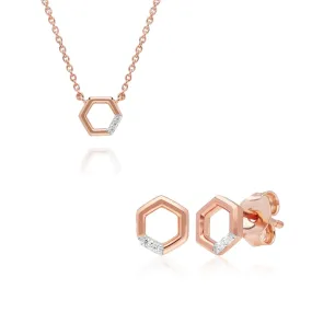 Diamant Pave Hexagon Halskette & Ohrstecker Satz in 9ct Rose Gold