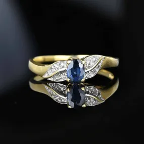 Diamond Leaf 14K Gold Sapphire Solitaire Ring