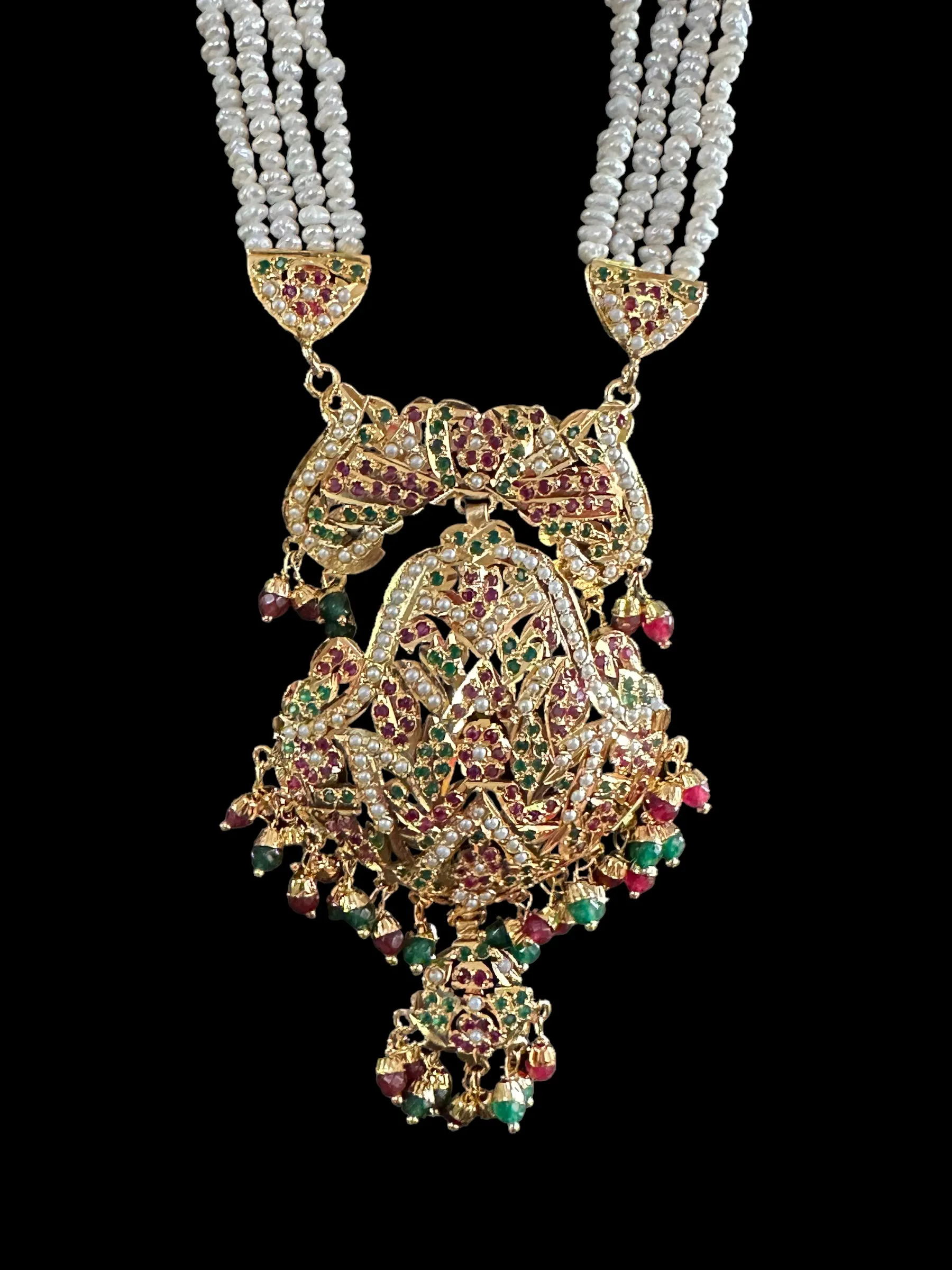 DLN11 jadau rani haar in ruby emerald with fresh water  pearls ( READY TO SHIP)