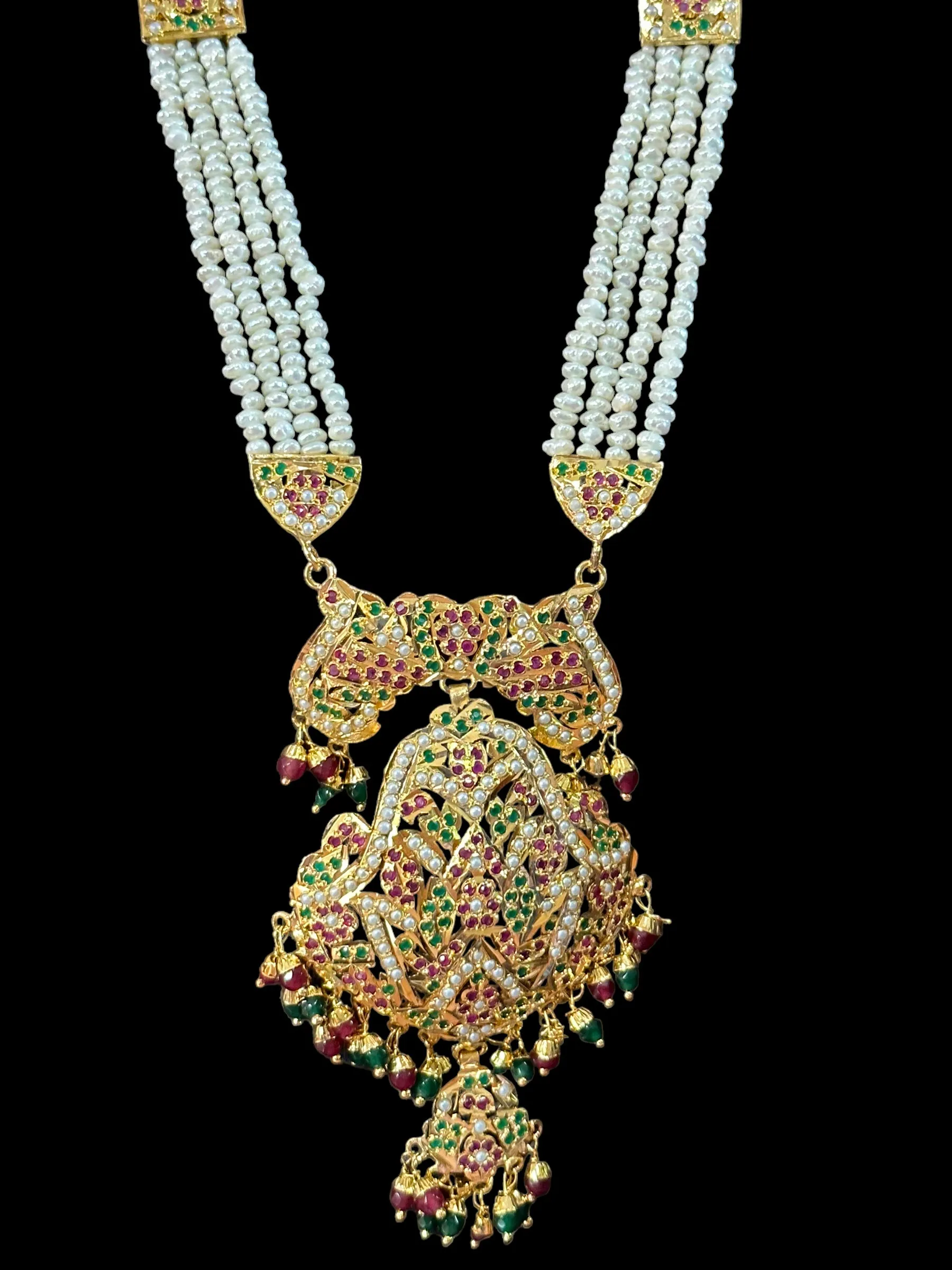 DLN11 jadau rani haar in ruby emerald with fresh water  pearls ( READY TO SHIP)