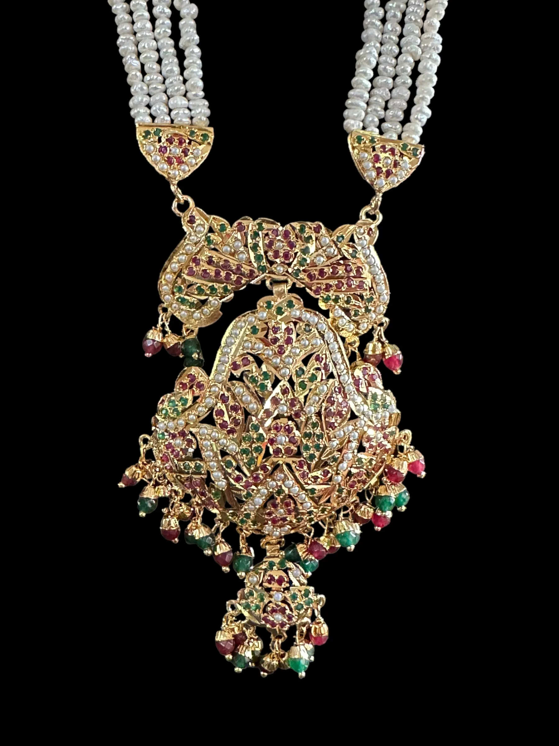 DLN11 jadau rani haar in ruby emerald with fresh water  pearls ( READY TO SHIP)