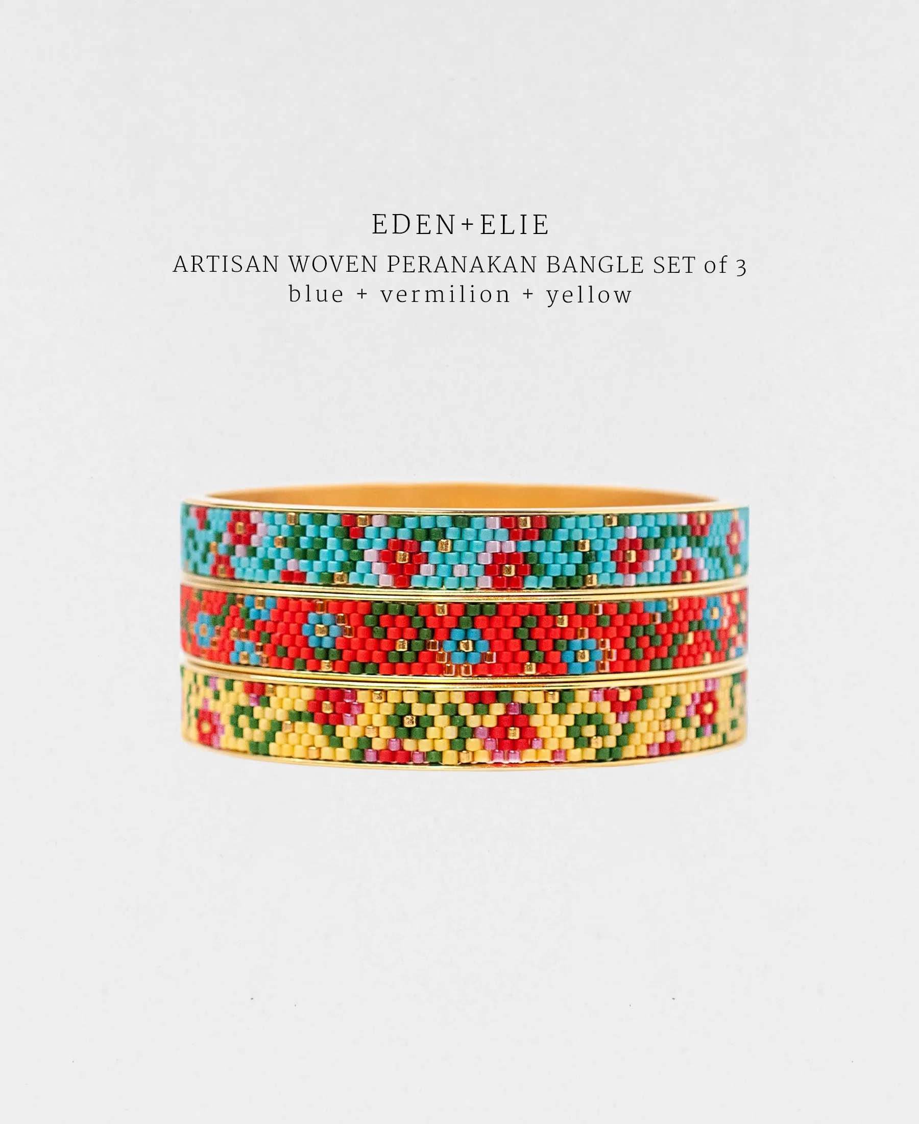 EDEN   ELIE Modern Peranakan gold narrow bangles set of 3 - blue   vermilion   yellow