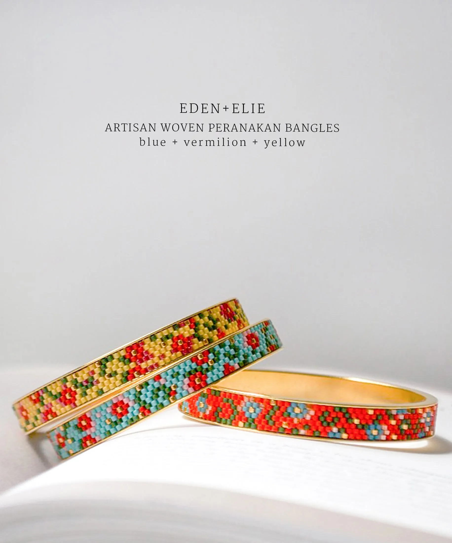 EDEN   ELIE Modern Peranakan gold narrow bangles set of 3 - blue   vermilion   yellow