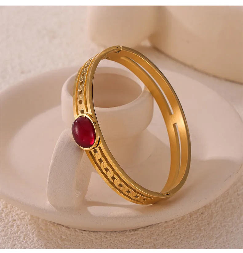 Elegant Natural Stone Hollow Bracelet with Gold-Plated Titanium Steel