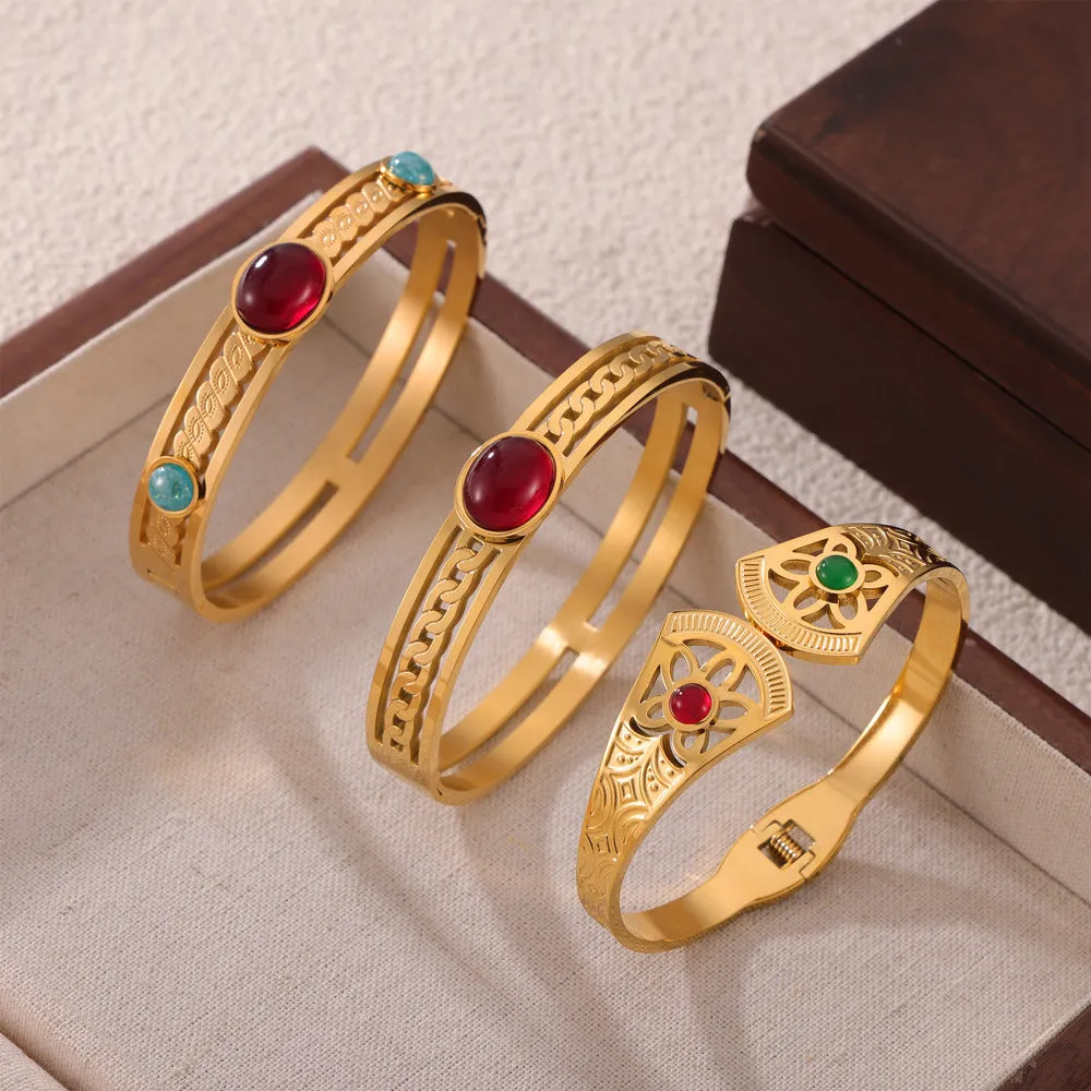 Elegant Natural Stone Hollow Bracelet with Gold-Plated Titanium Steel