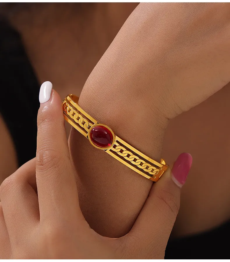 Elegant Natural Stone Hollow Bracelet with Gold-Plated Titanium Steel