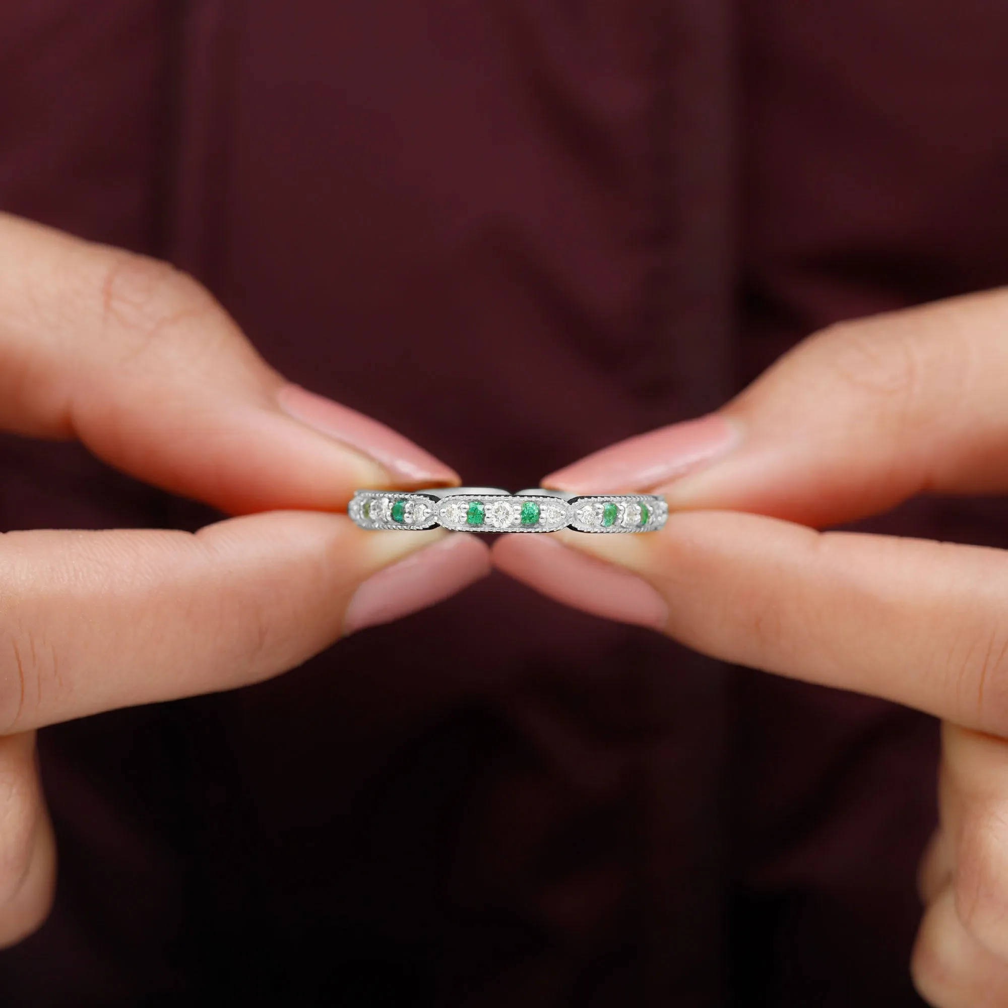 Emerald and Diamond Alternating Eternity Ring